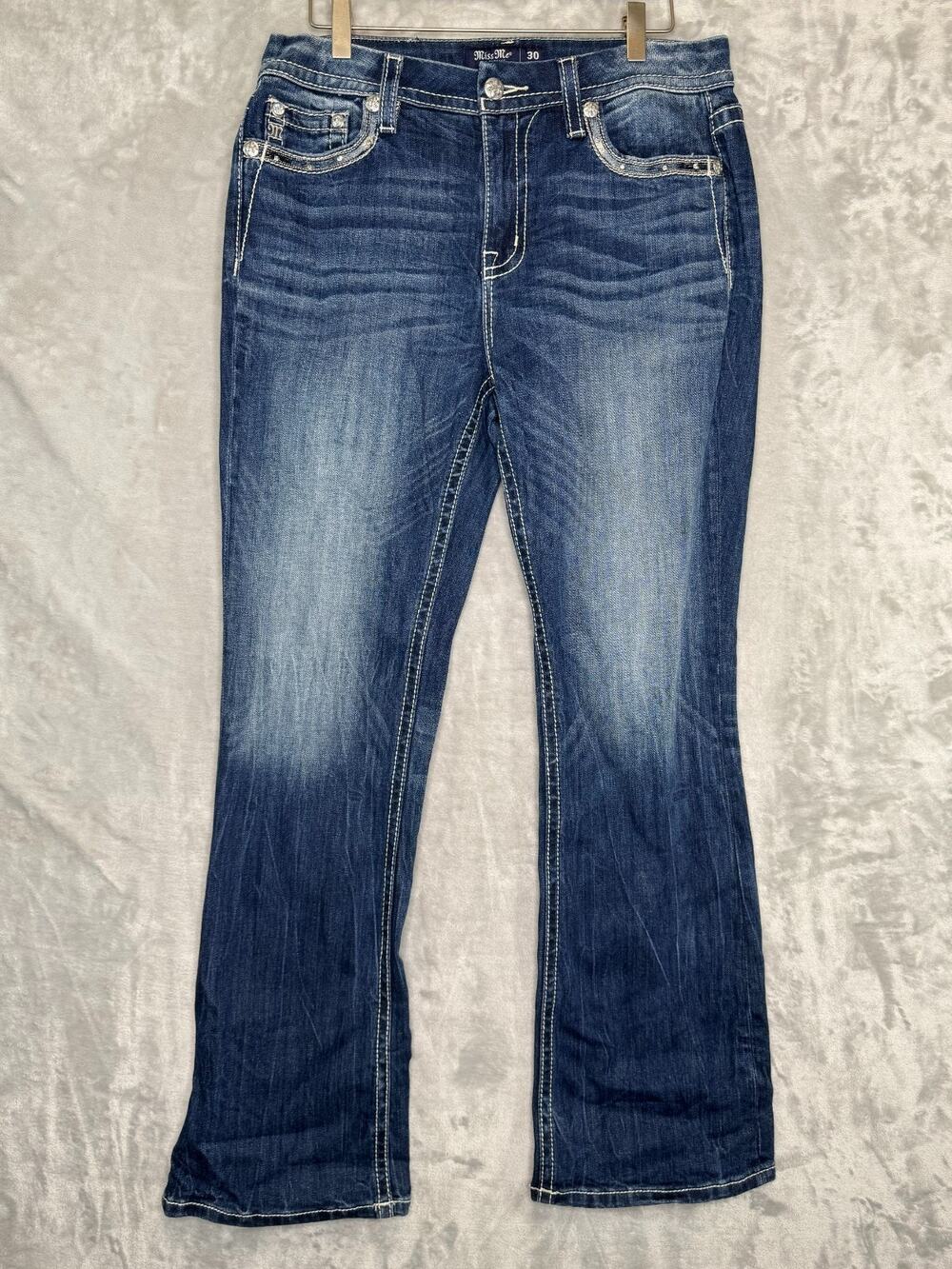 Miss Me Jeans Womens 30*32 Curvy Boot Dark Wash Distressed Rhinestone Sequin